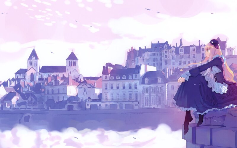 Anime Girl on Wall — Purple, Serene, Sunset, Cityscape, River