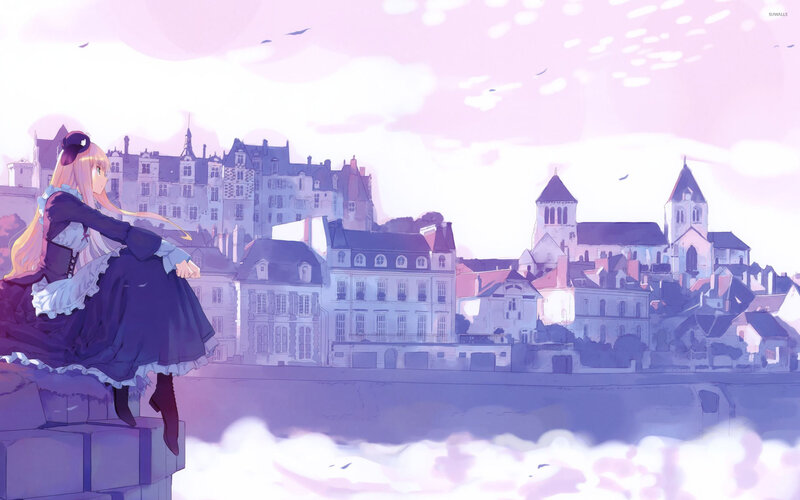 Anime Girl on Wall — Purple, Serene, Sunset, Cityscape
