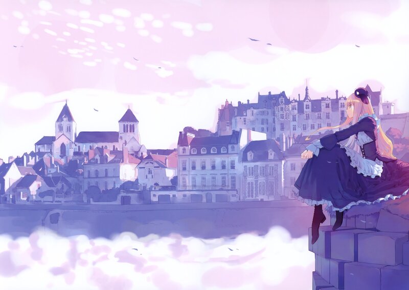 Anime Girl on Wall — Purple, Serene, Sunset, Digital Art