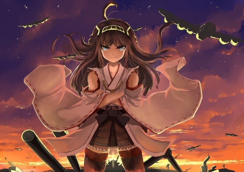 Anime girl on warship at sunset