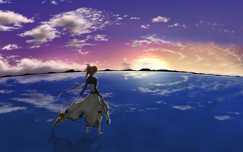 anime girl on water at sunset