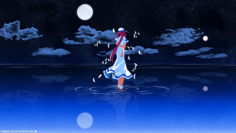 anime girl on water under moon