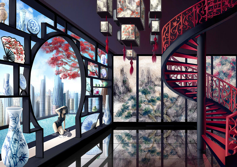 Anime Girl on Windowsill — Black