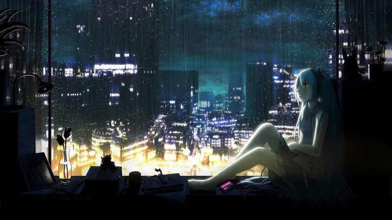 Anime Girl on Windowsill — Blue, Melancholic, Night, Digital Art