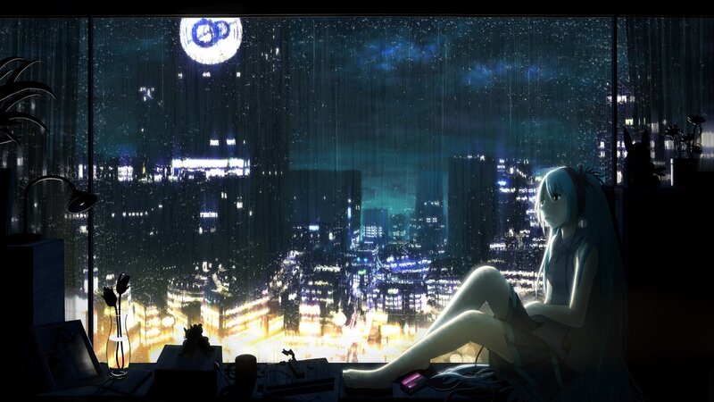 Anime Girl on Windowsill — Blue