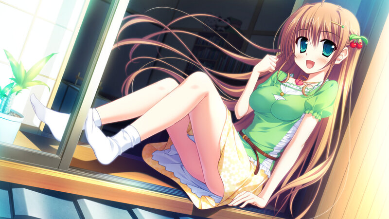 Anime Girl on Windowsill — Green, Cheerful