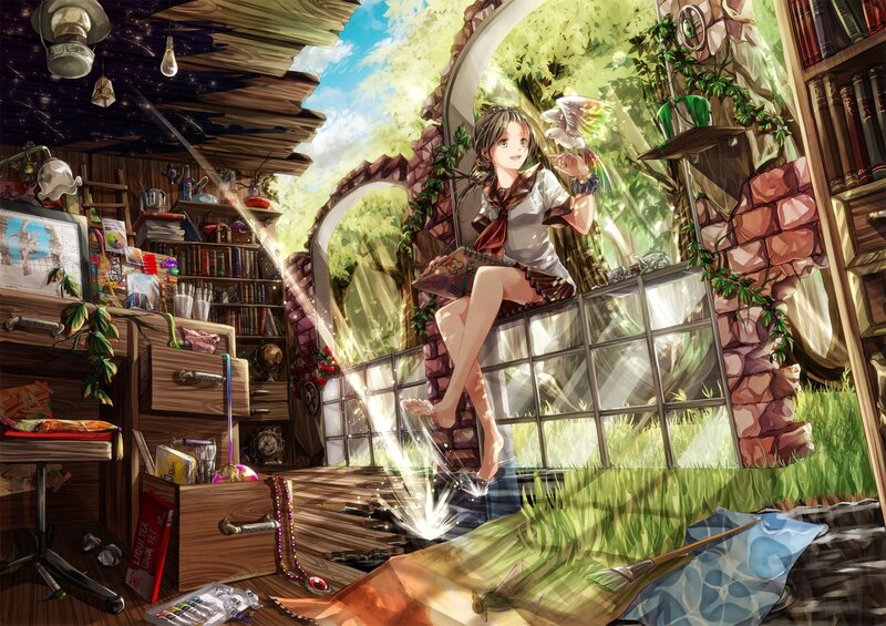 Anime Girl on Windowsill — Green, Serene