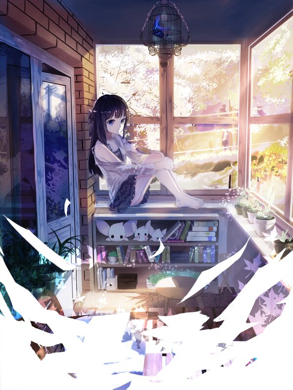 Anime Girl on Windowsill — Purple, Serene