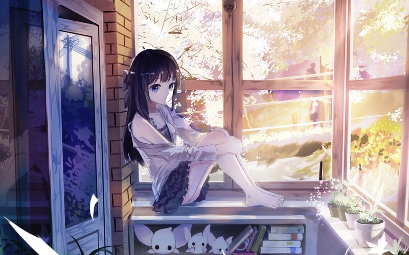 Anime Girl on Windowsill — Purple