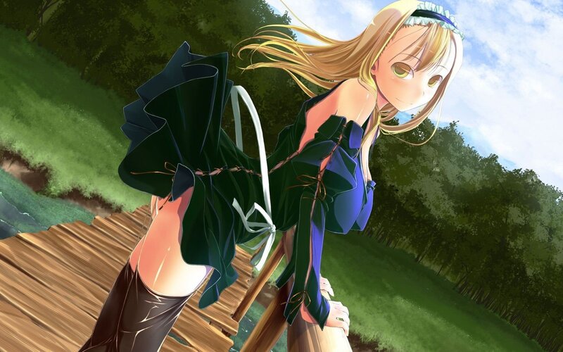 Anime girl on wooden bridge