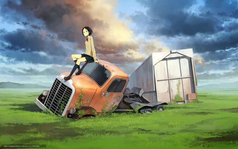 Anime girl on wrecked truck
