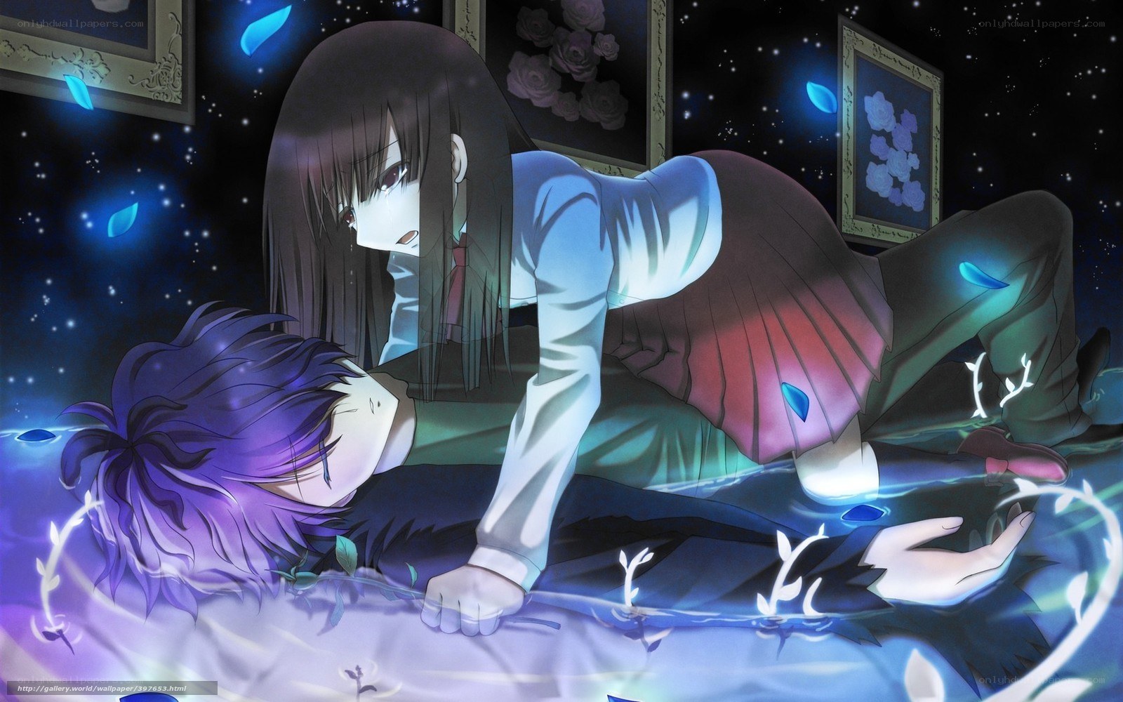 Anime girl over boy on floor