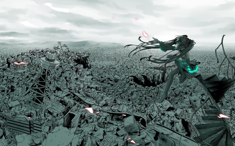 Anime girl over ruined city