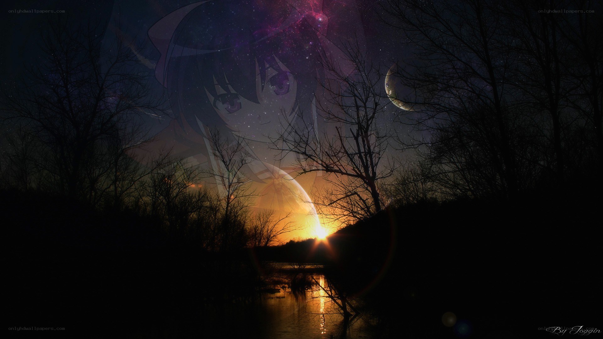 Anime girl over sunset river