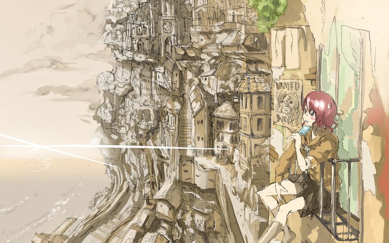 Anime girl overlooking a cliffside city