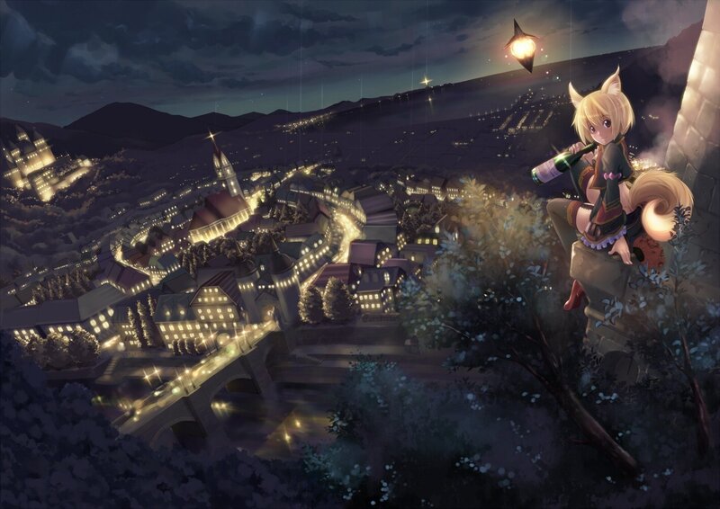 Anime girl overlooking a town