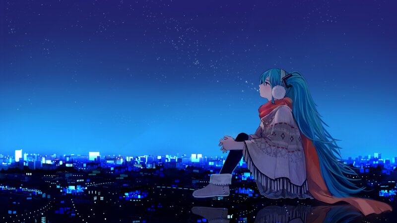 anime girl overlooking city at night