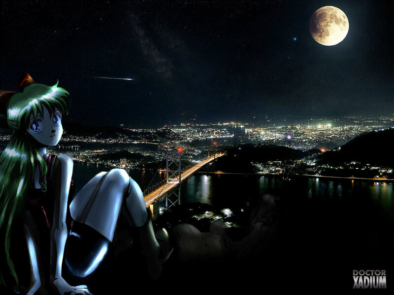 anime girl overlooking city at night