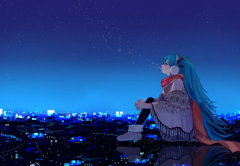 anime girl overlooking city at night