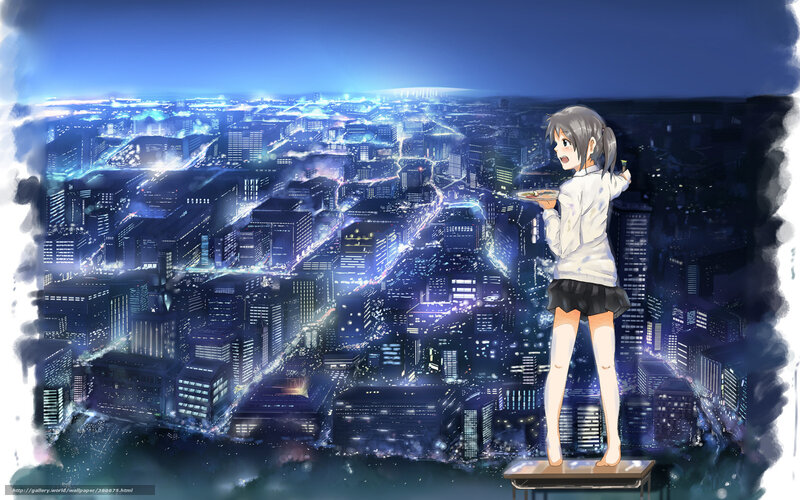 Anime girl overlooking city at night