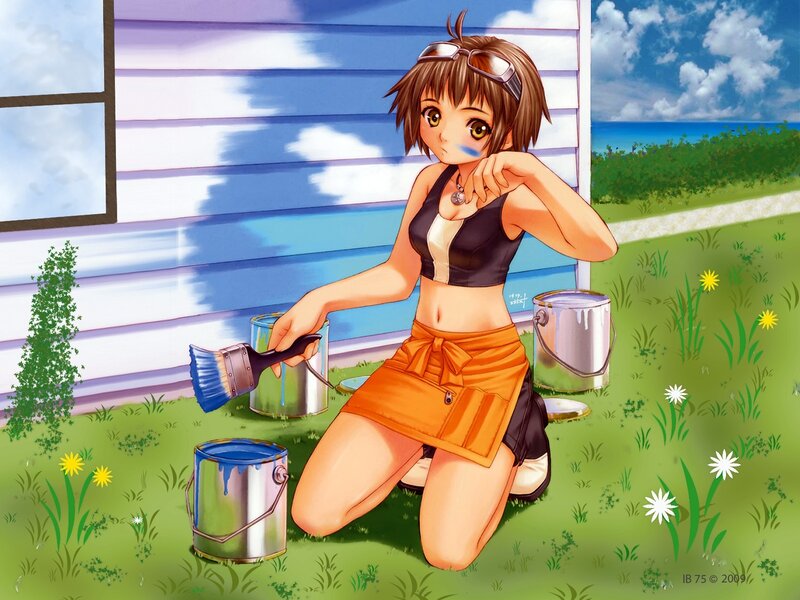 Anime girl painting a house