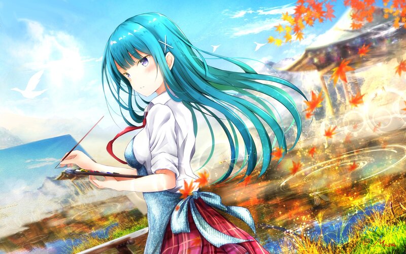 Anime Girl Painting — Blue, Serene, Autumn
