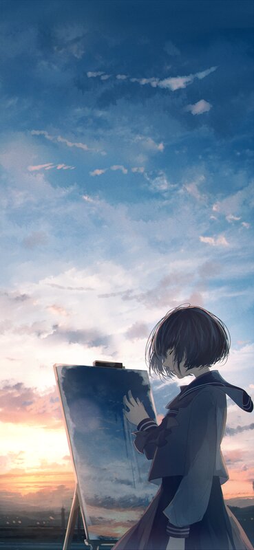 Anime Girl Painting — Blue, Serene, Sunset, Digital Art