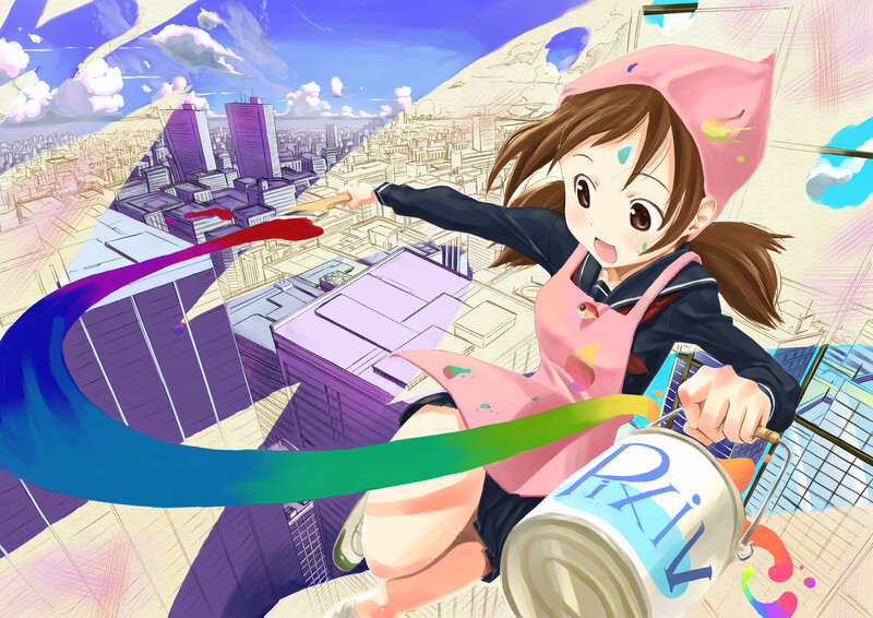 Anime girl painting cityscape