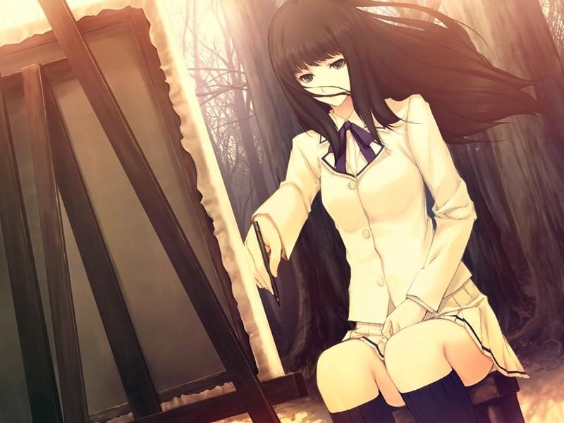 anime girl painting in forest