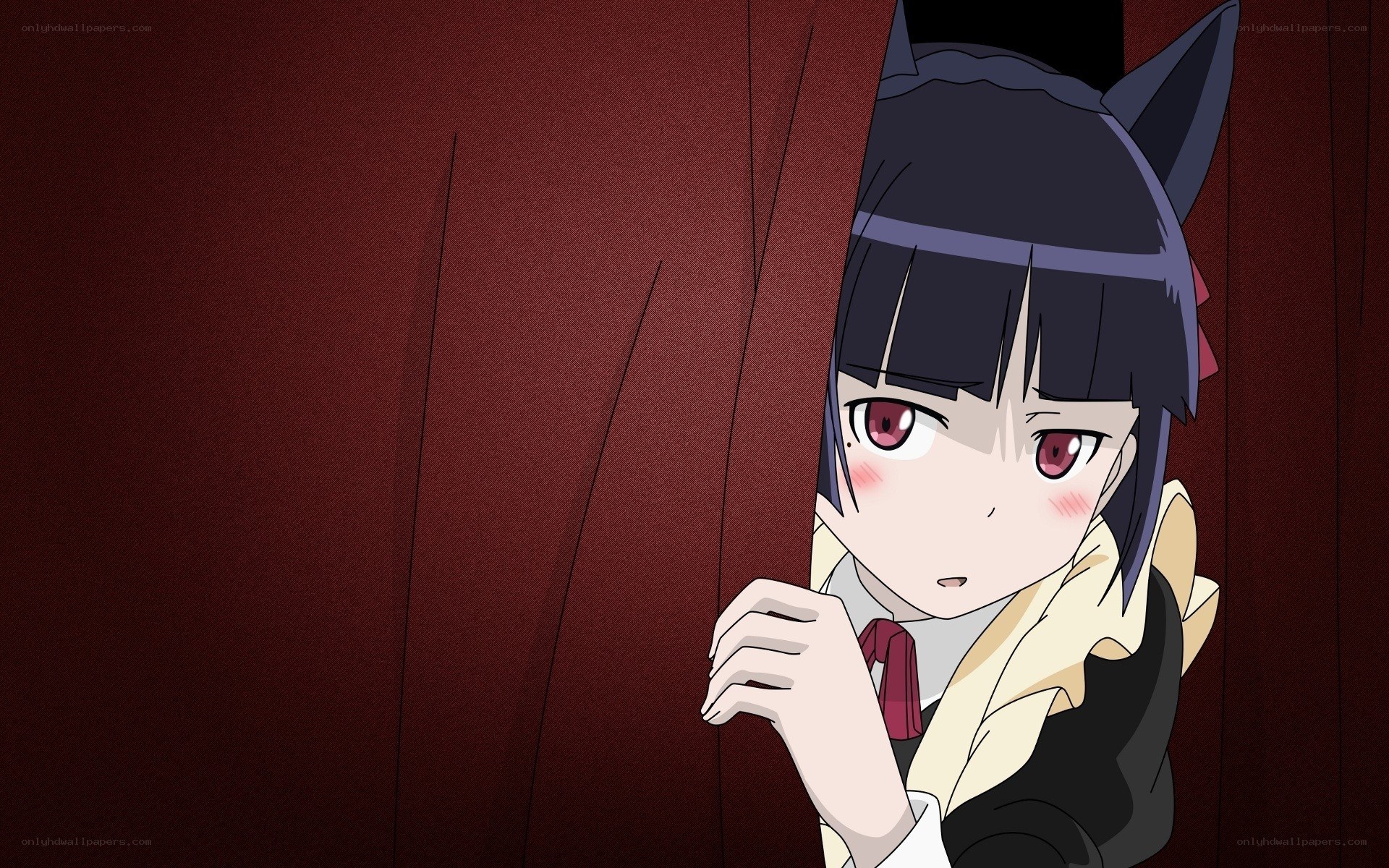 anime girl peeking from curtain