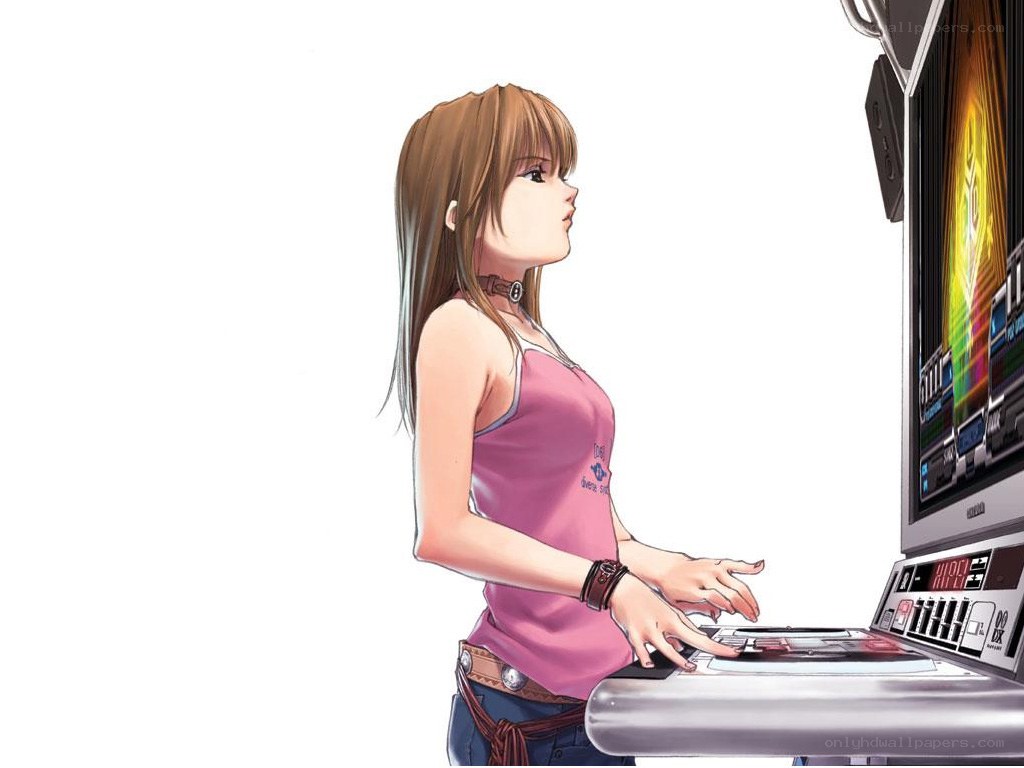 anime girl playing arcade game