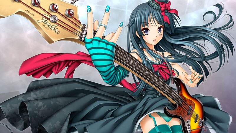 Anime Girl Playing Bass — Black, Dynamic, Bass Guitar