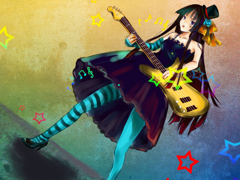 Anime Girl Playing Bass — Blue, Energetic, Digital Art