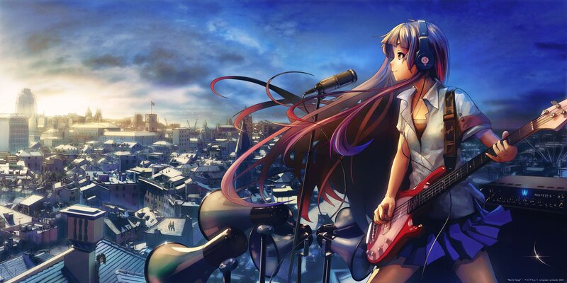 Anime Girl Playing Bass Guitar — Blue, Dramatic, Sunset, Digital Art