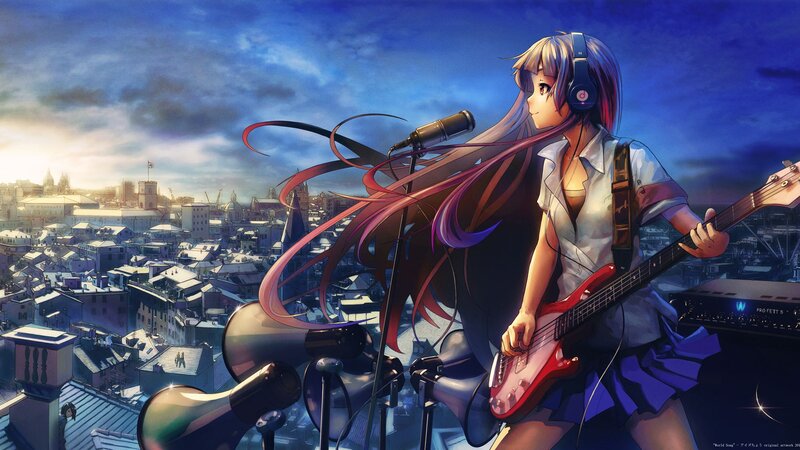 Anime Girl Playing Bass Guitar — Blue, Dramatic, Sunset