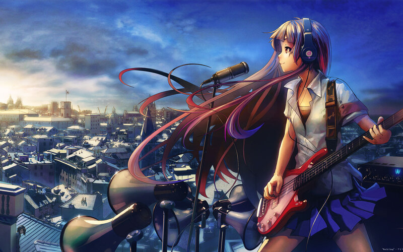 Anime Girl Playing Bass Guitar — Blue, Dramatic