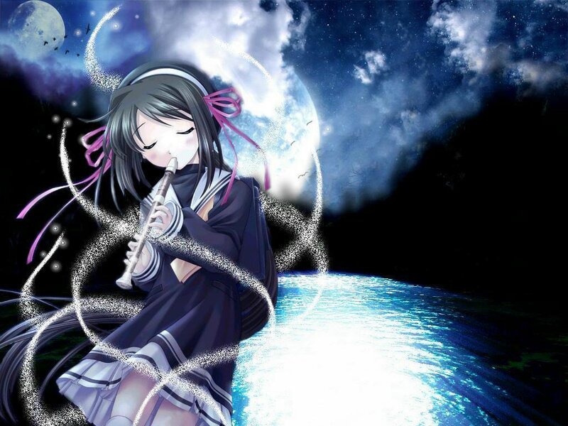 Anime girl playing flute at night
