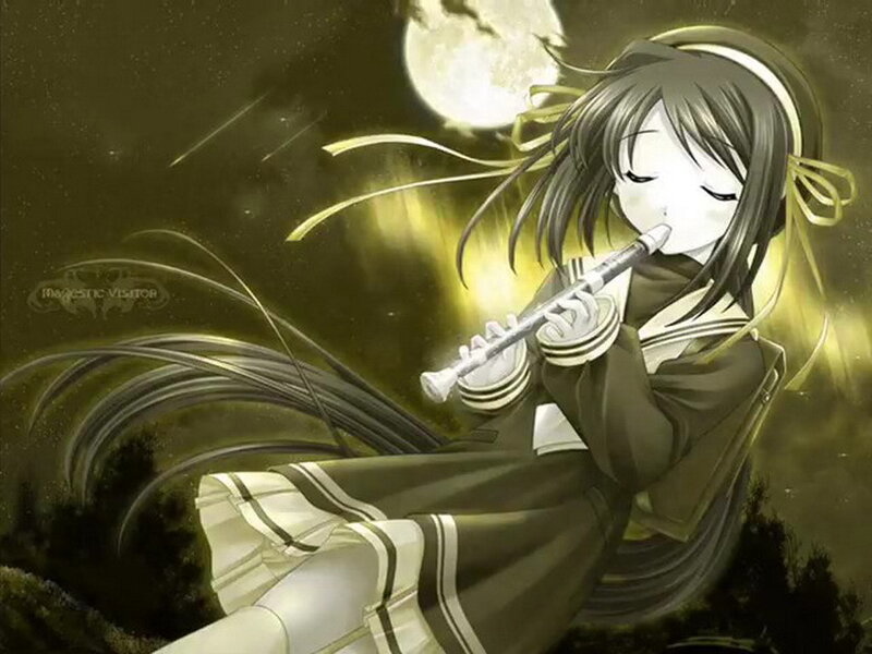 Anime girl playing flute at night