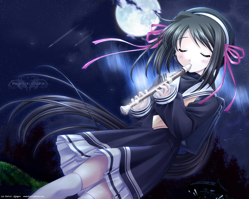 Anime girl playing flute at night