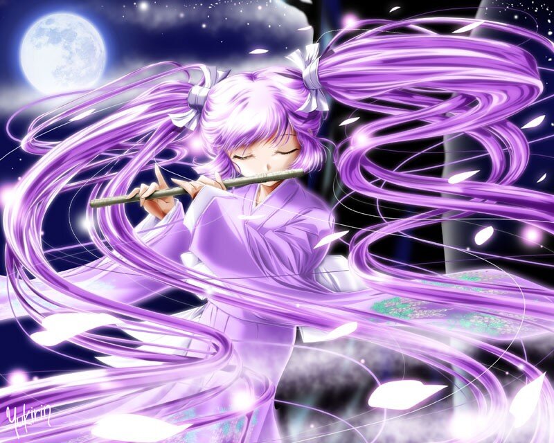 Anime girl playing flute at night