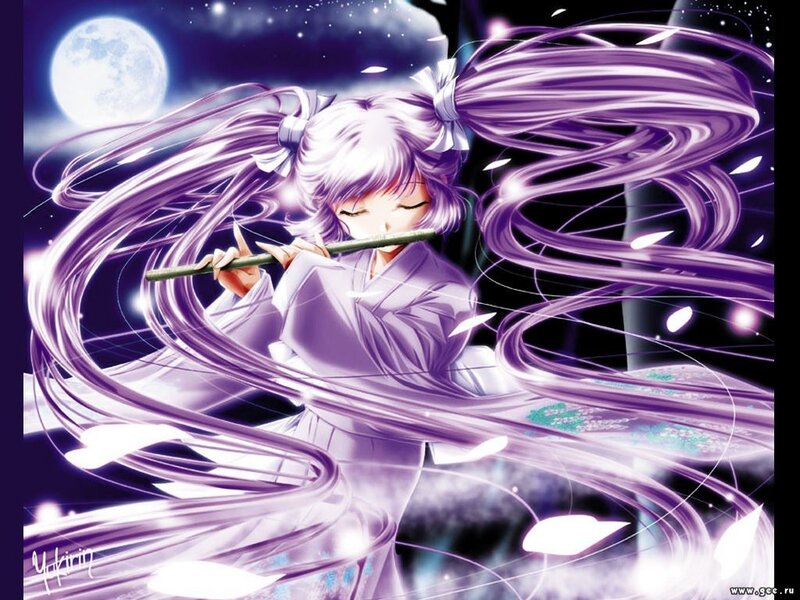 Anime girl playing flute at night