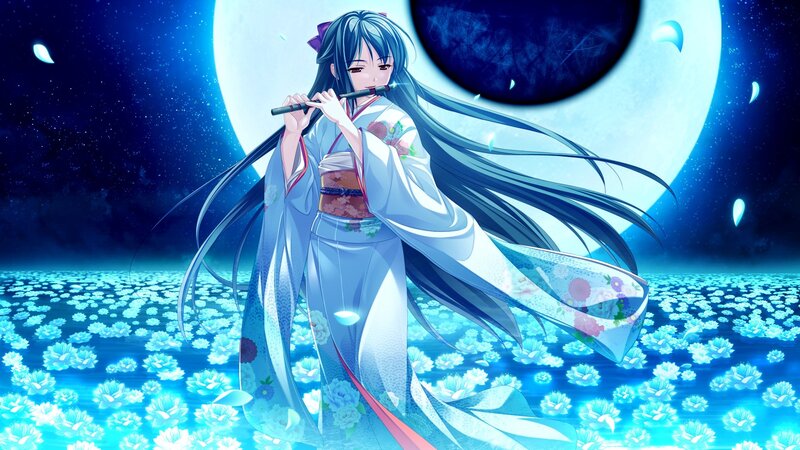 Anime girl playing flute at night
