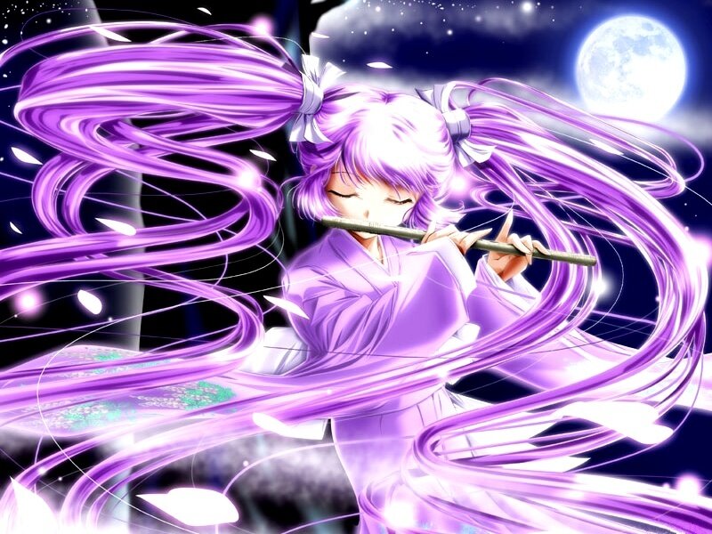 Anime girl playing flute at night