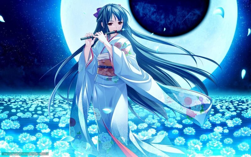 Anime girl playing flute at night