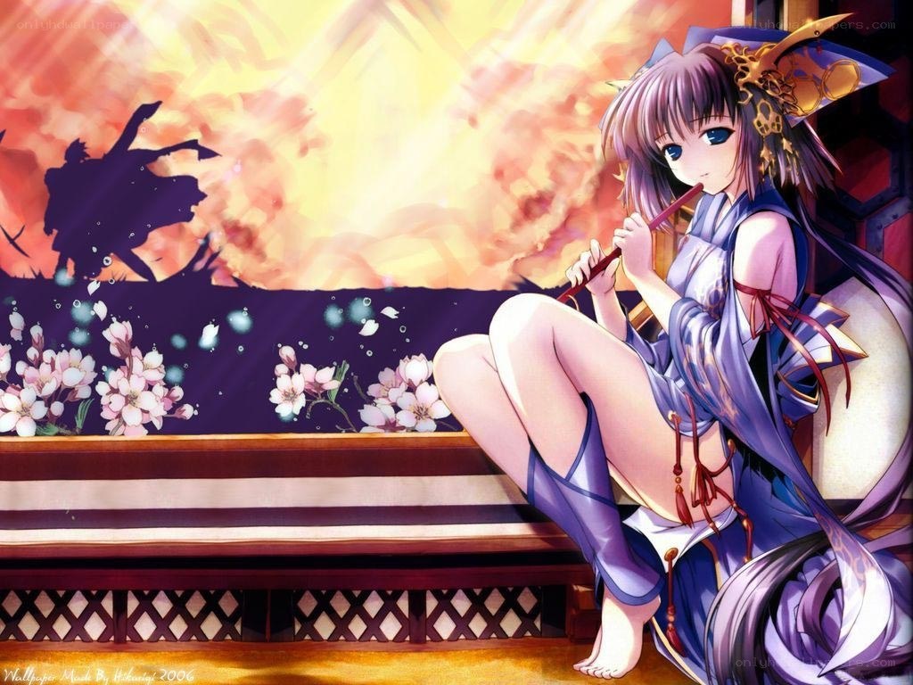 Anime girl playing flute at sunset