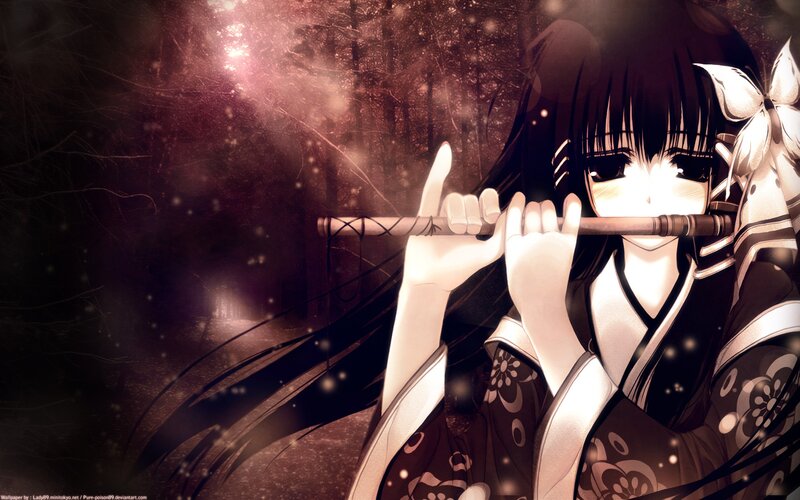 Anime Girl Playing Flute — Black, Dramatic, Night, Digital Art