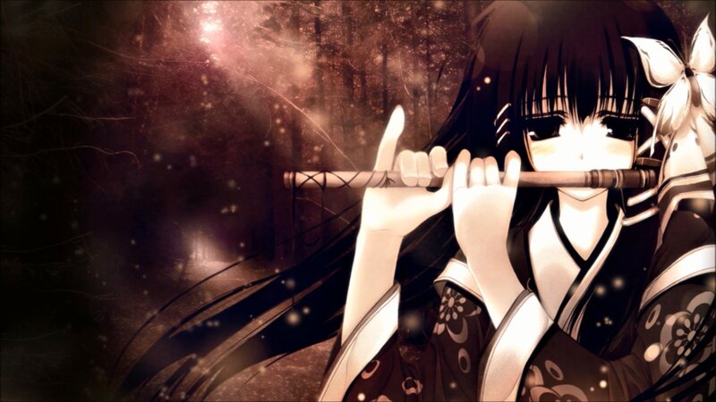 Anime Girl Playing Flute — Black, Dramatic, Night