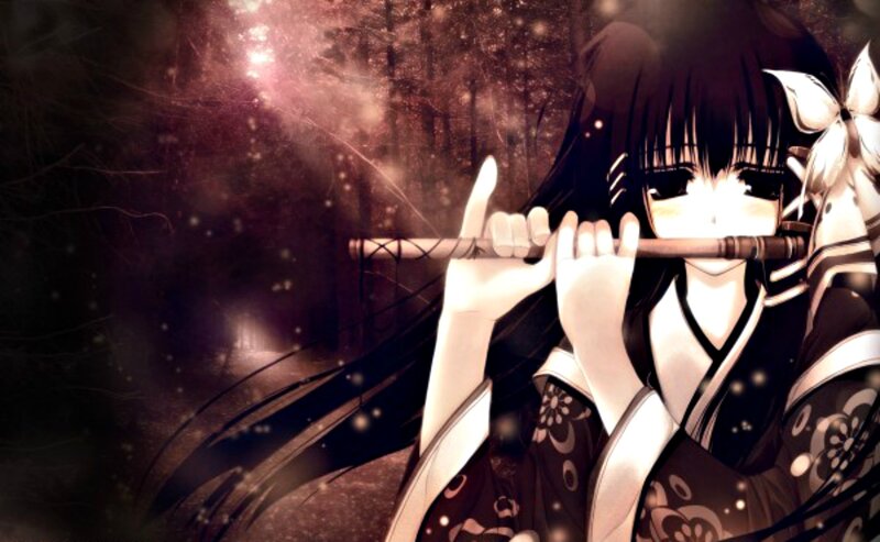 Anime Girl Playing Flute — Black, Dramatic
