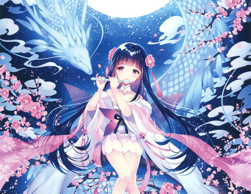 Anime Girl Playing Flute — Blue, Serene, Night, Digital Art, Dragon