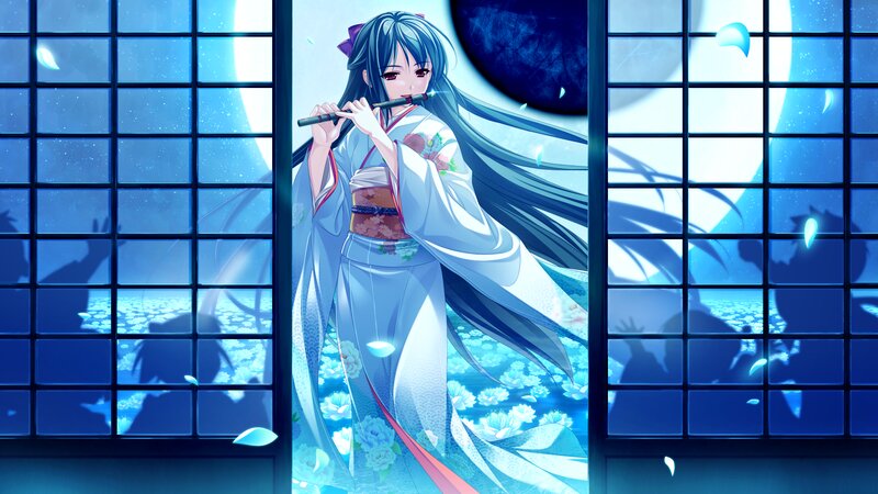 Anime Girl Playing Flute — Blue, Serene, Night, Digital Art, Kimono